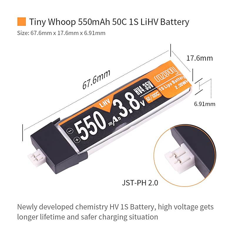 550mAh HV 38V 1S LiPo Battery 50C JSTPH 20 PowerWhoop mCPX Connector Rechargeable 1S LiPo Battery for Inductrix FPV Plus Tiny 7 Tiny Whoop FPV Racing Drones