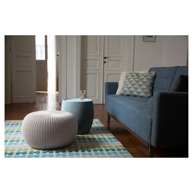 Urban Cozy Knit Outdoor Poufs and Table Balcony 3 Pc Set - Taupe/Blue - Keter