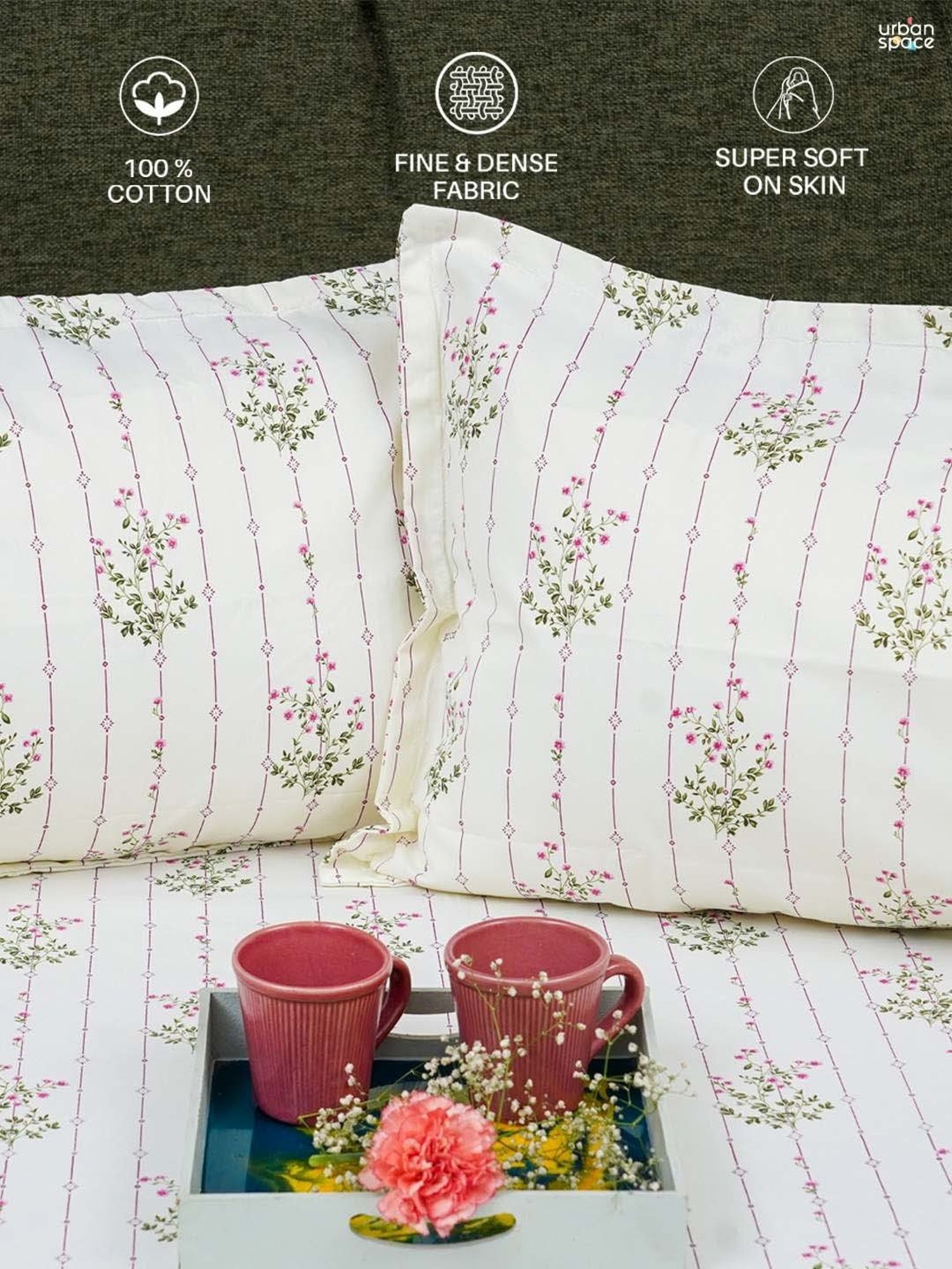 Urban Space Serene Pink Cotton 200 TC King Fitted Bedsheet With Pillow Covers