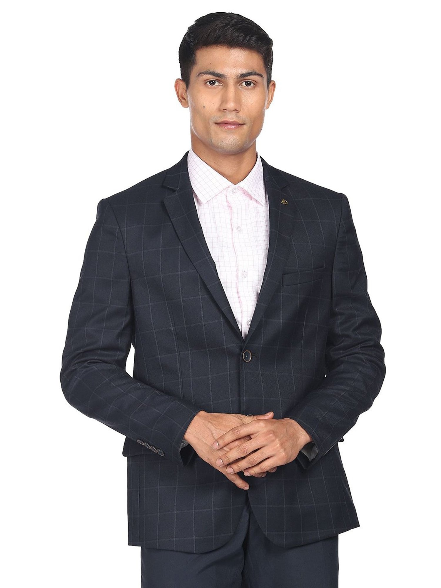 AD by Arvind Navy Regular Fit Notch Lapel Check Blazer