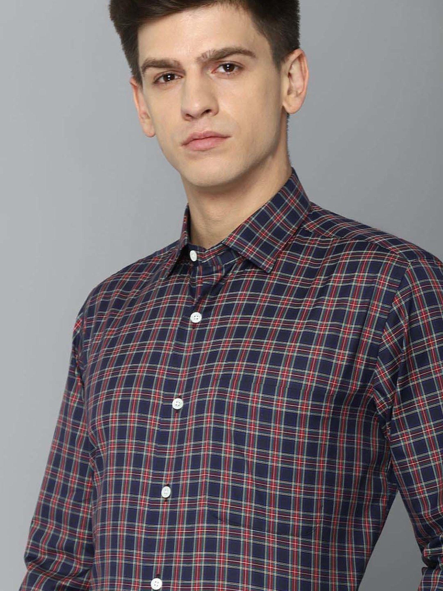 Luxure By Louis Philippe Navy Blue Regular Fit Checks Shirt