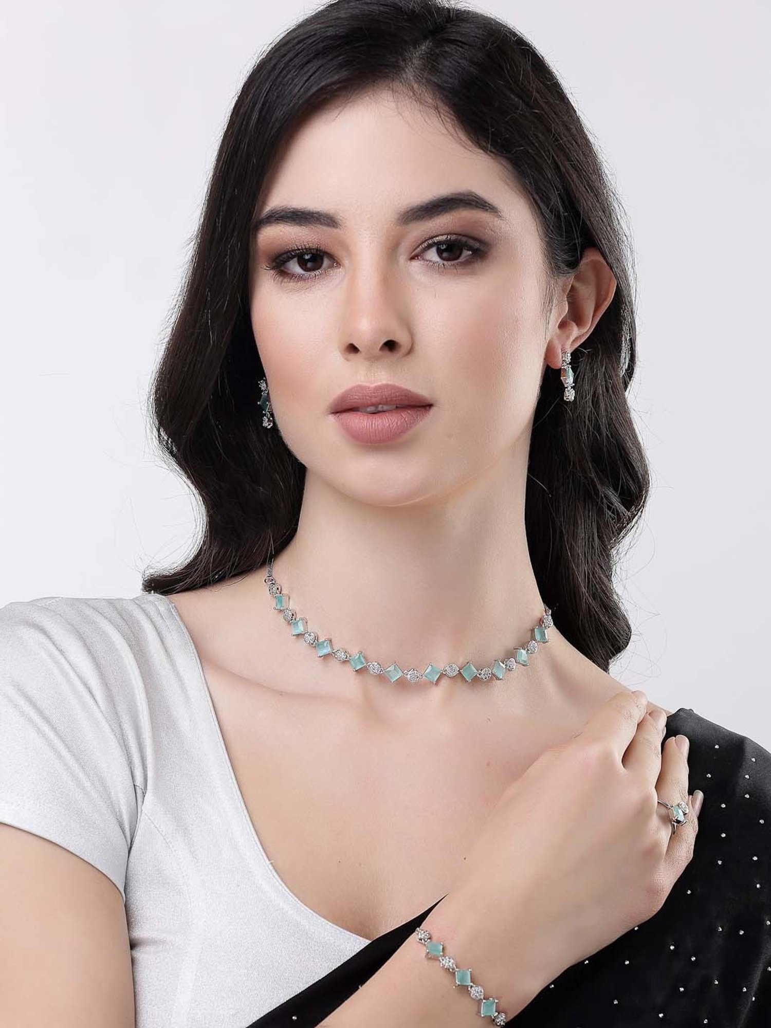 NVR Silver Plated & Blue CZ Stone Handcrafted Jewellery Set for Women