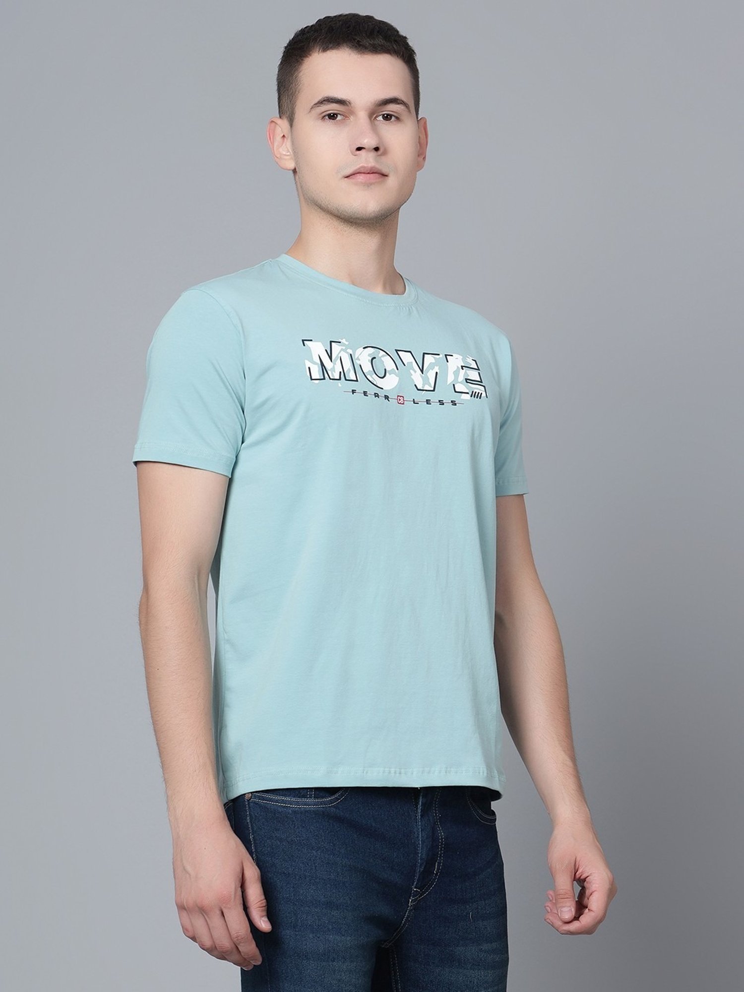 Cantabil Light Teal Cotton Regular Fit Printed T-Shirt