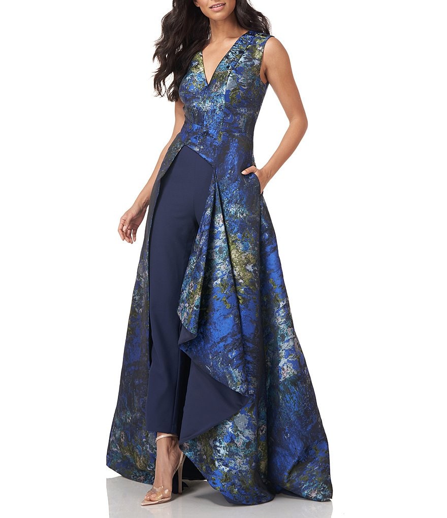 Kay Unger Sidney Jacquard and Crepe Walk-Thru Jumpsuit Dress