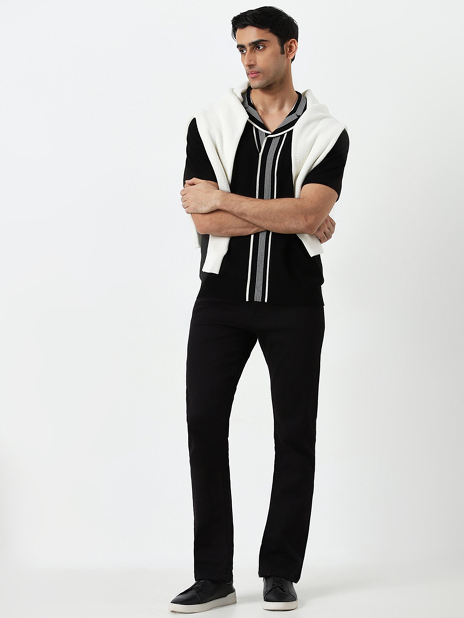 Ascot by Westside Black Striped Relaxed-Fit T-Shirt