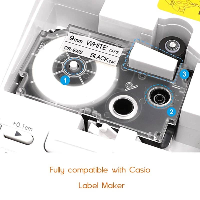 Compatible Label Maker Tape Replacement for Casio XR9WE2S XR9WE 9mm Labeling Tape Compatible with Casio KL100 KL120 KL60 KL750 KL780 KL7200 KL700 Label Maker Black on White 2 Pack