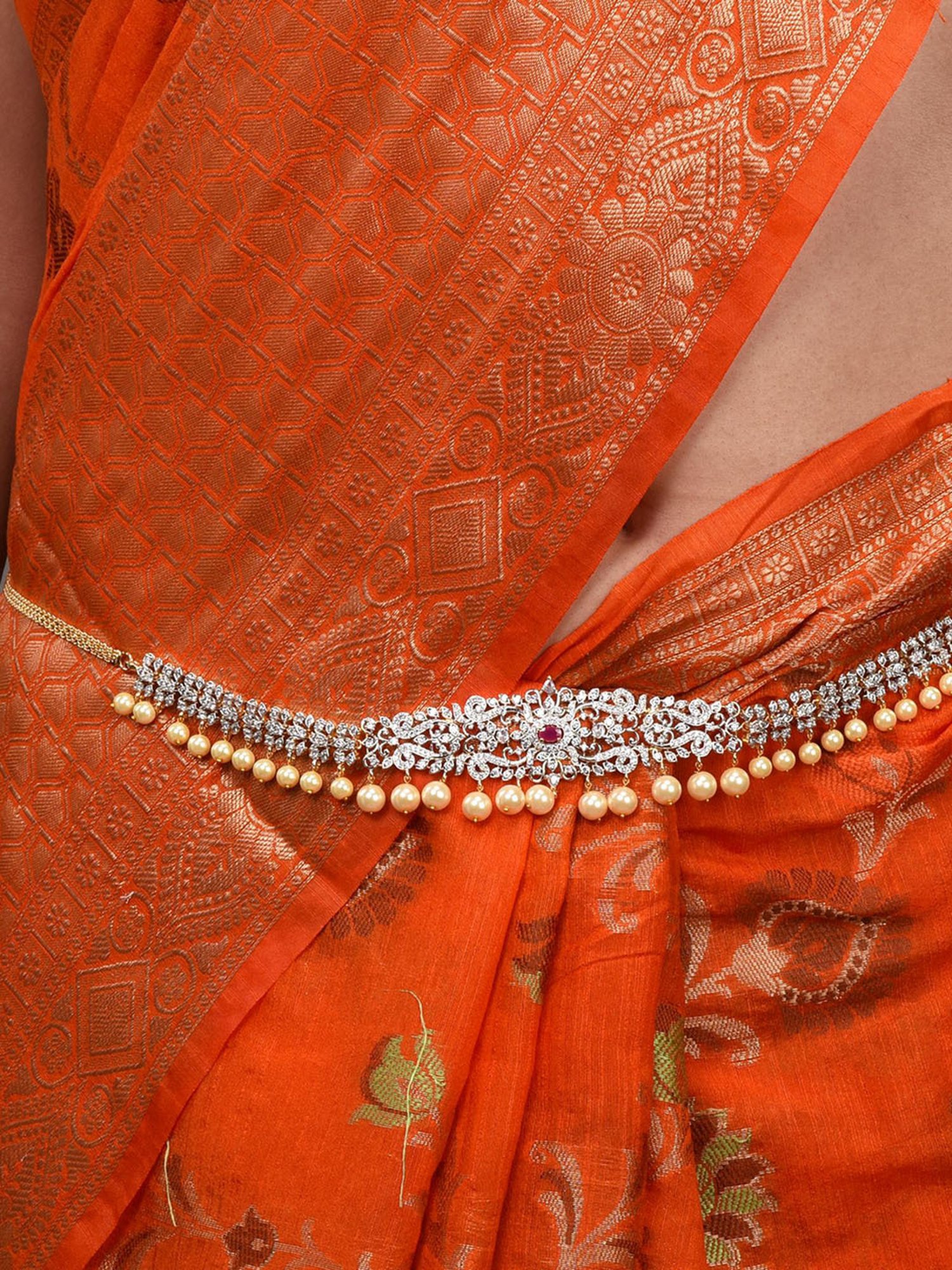 Saraf Rs Jewellery Silver Toned White Ad Studded Floral Motif Kamarbandhkamarbandh