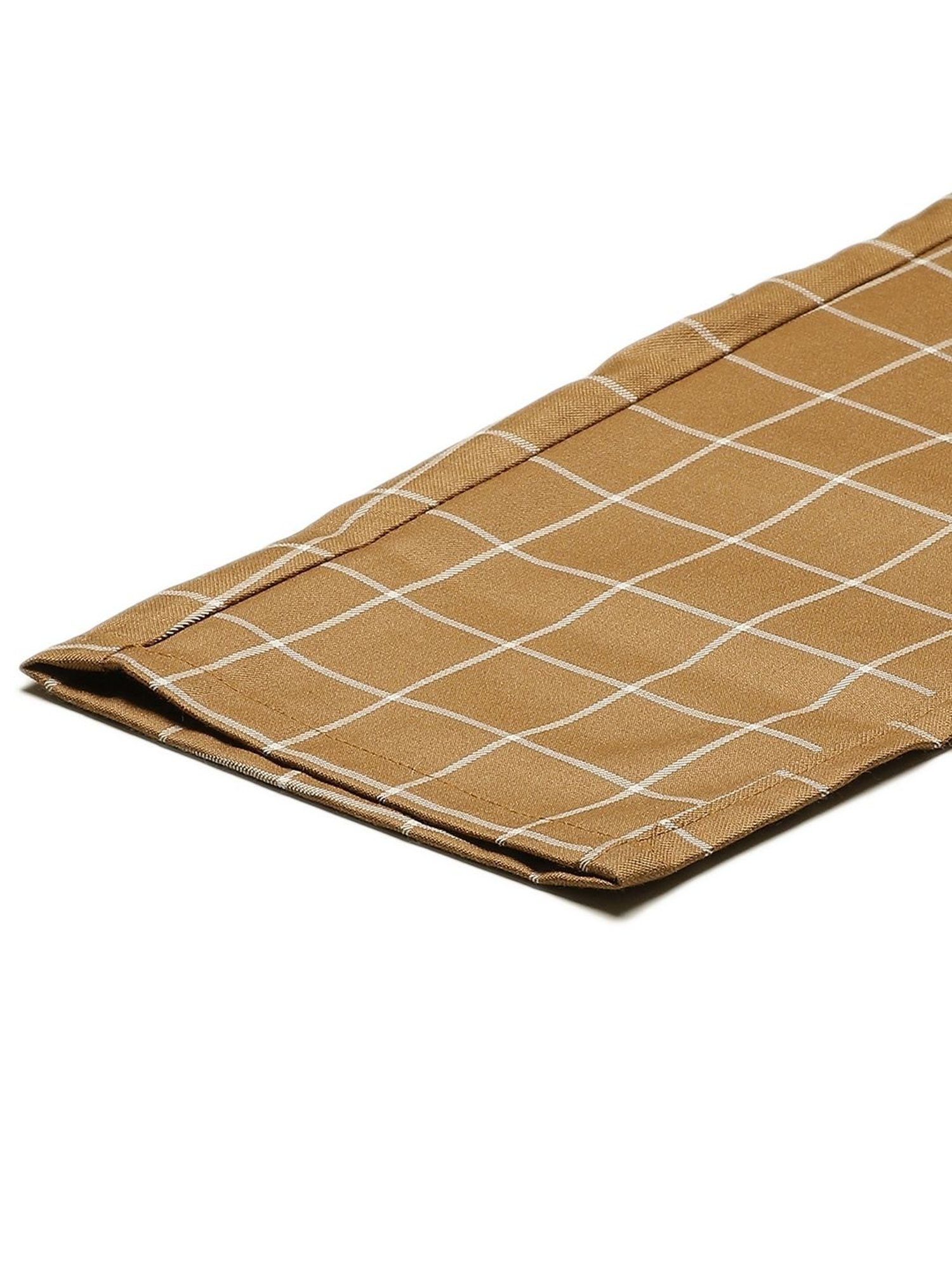 Sojanya Beige Cotton Regular Slim Fit Checks Flat Front Trousers