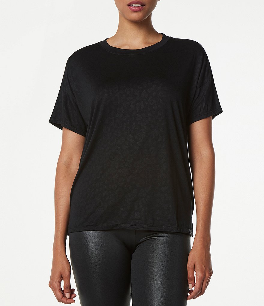 Marc New York Performance Short Sleeve Embossed Leopard Print Crew Neck Boxy Tee