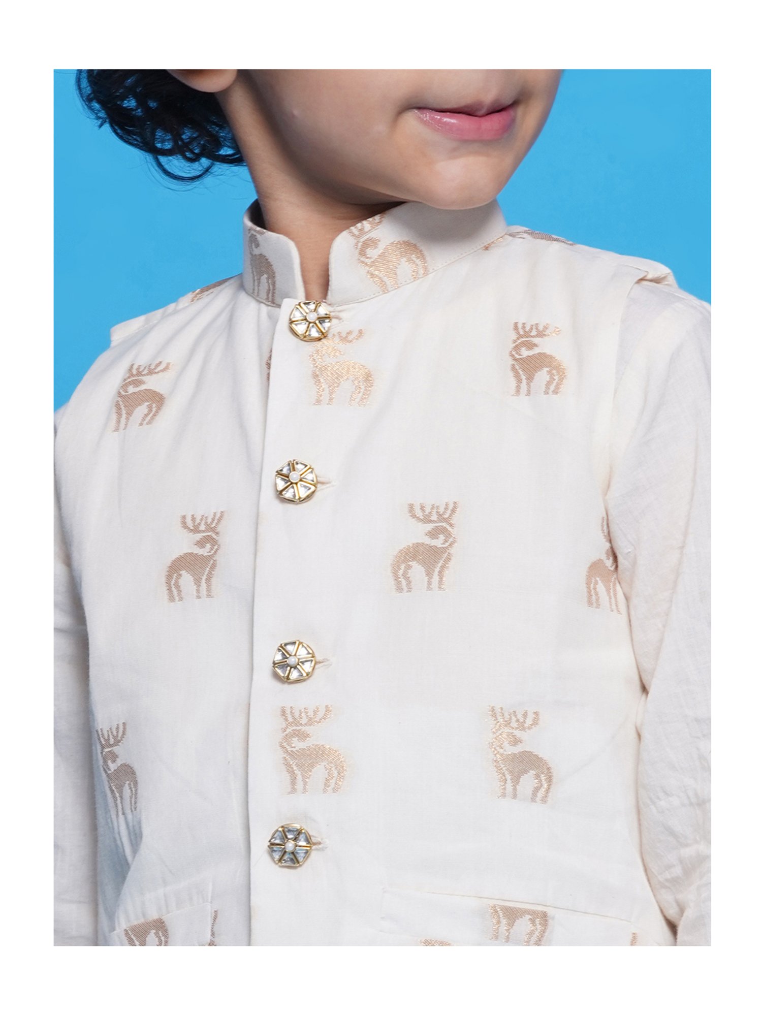 VASTRAMAY Boys Yellow & White Cotton Printed Full Sleeves Kurta Sets