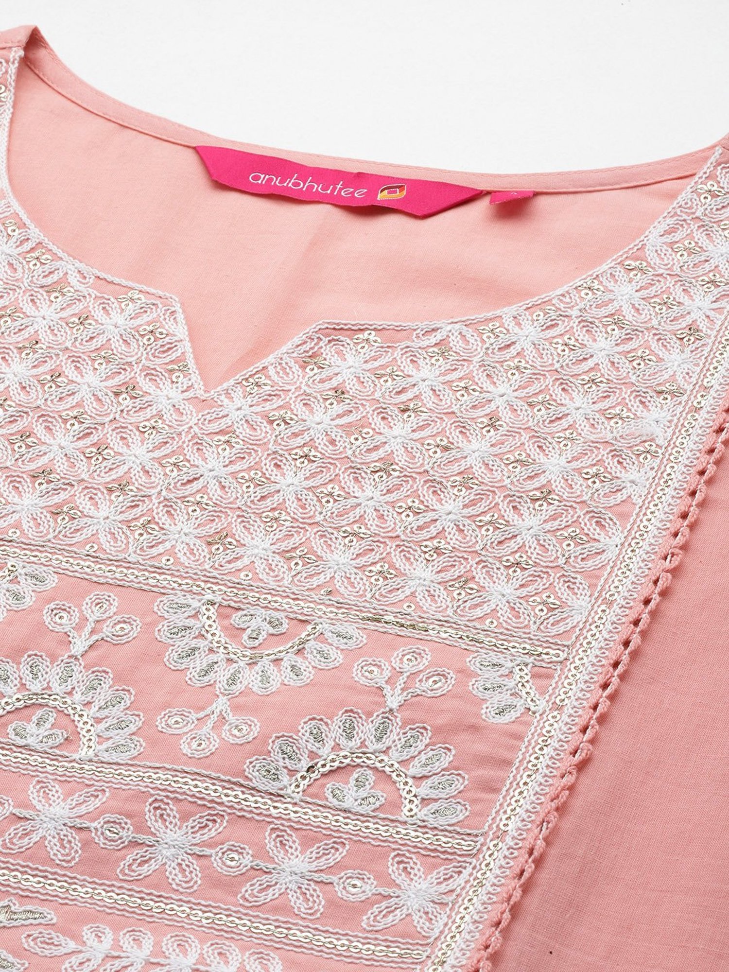 Anubhutee Pink Cotton Embroidered Kurta With Pants & Dupatta