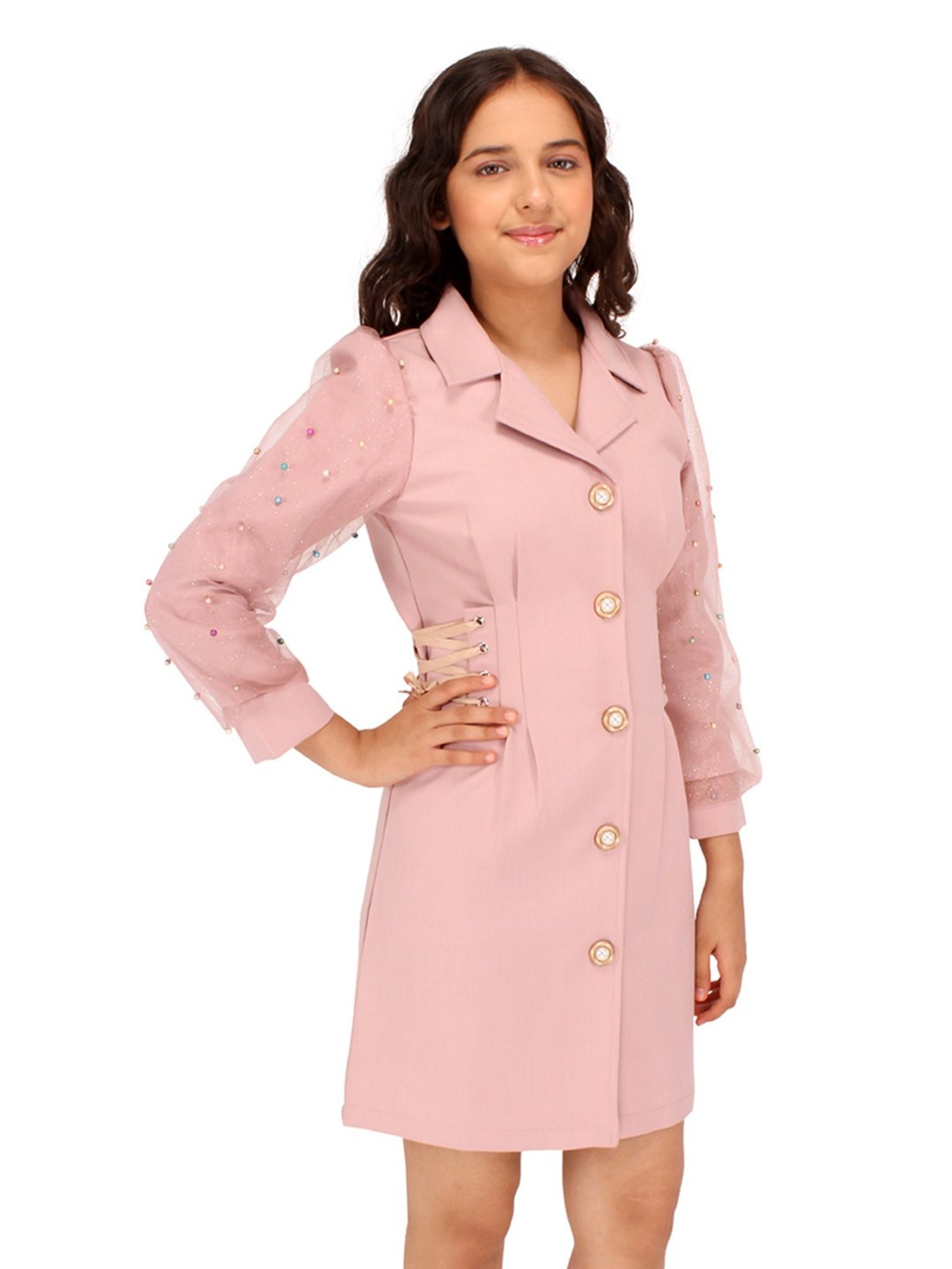 Cutecumber Kids Dusty Pink Embellished Full Sleeves Dress