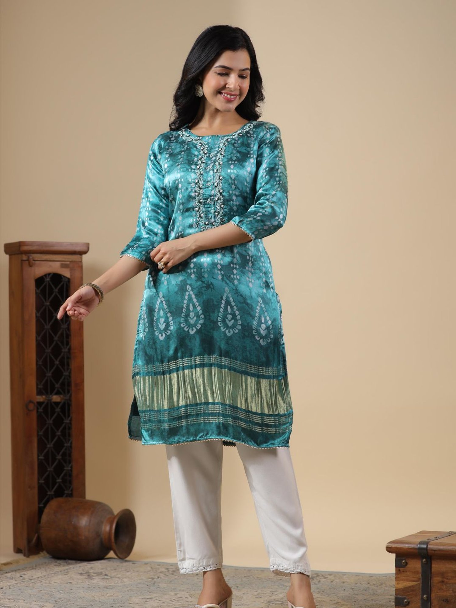 SCAKHI Teal Gaji Silk Printed Kurta