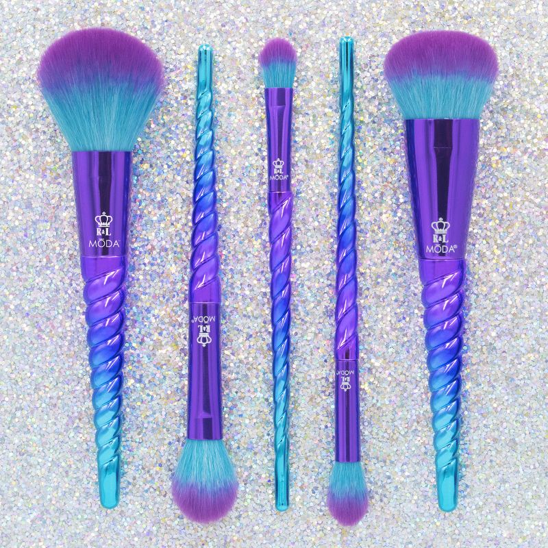MODA Brush Mythical 6pc Celestial Blue Travel Makeup Brush Set with Holographic Flip Case, Includes - Powder, Complexion, Highlight and Glow, and Crease Brushes