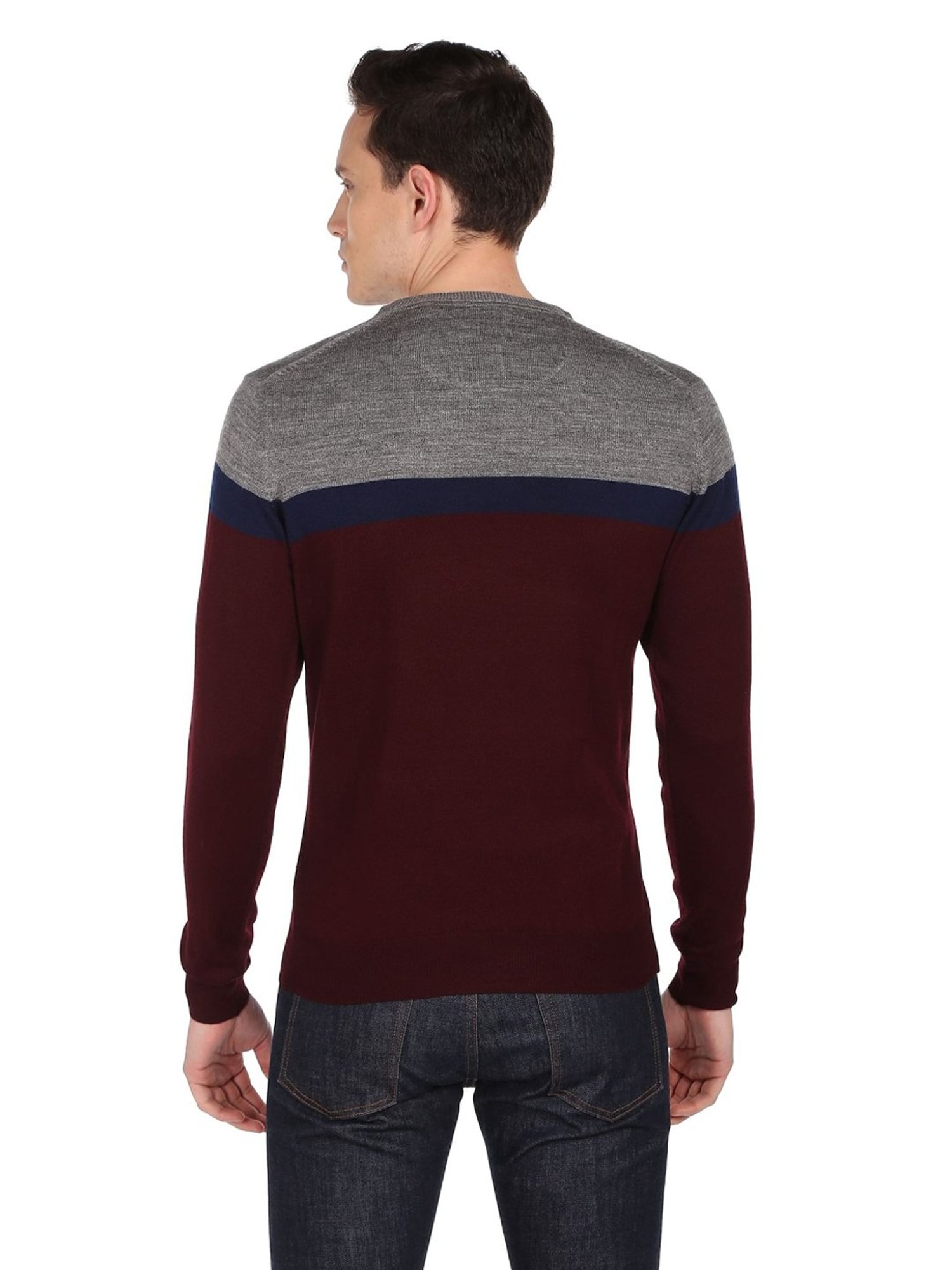 Arrow Sport Burgundy Cotton Regular Fit Colour Block Sweater