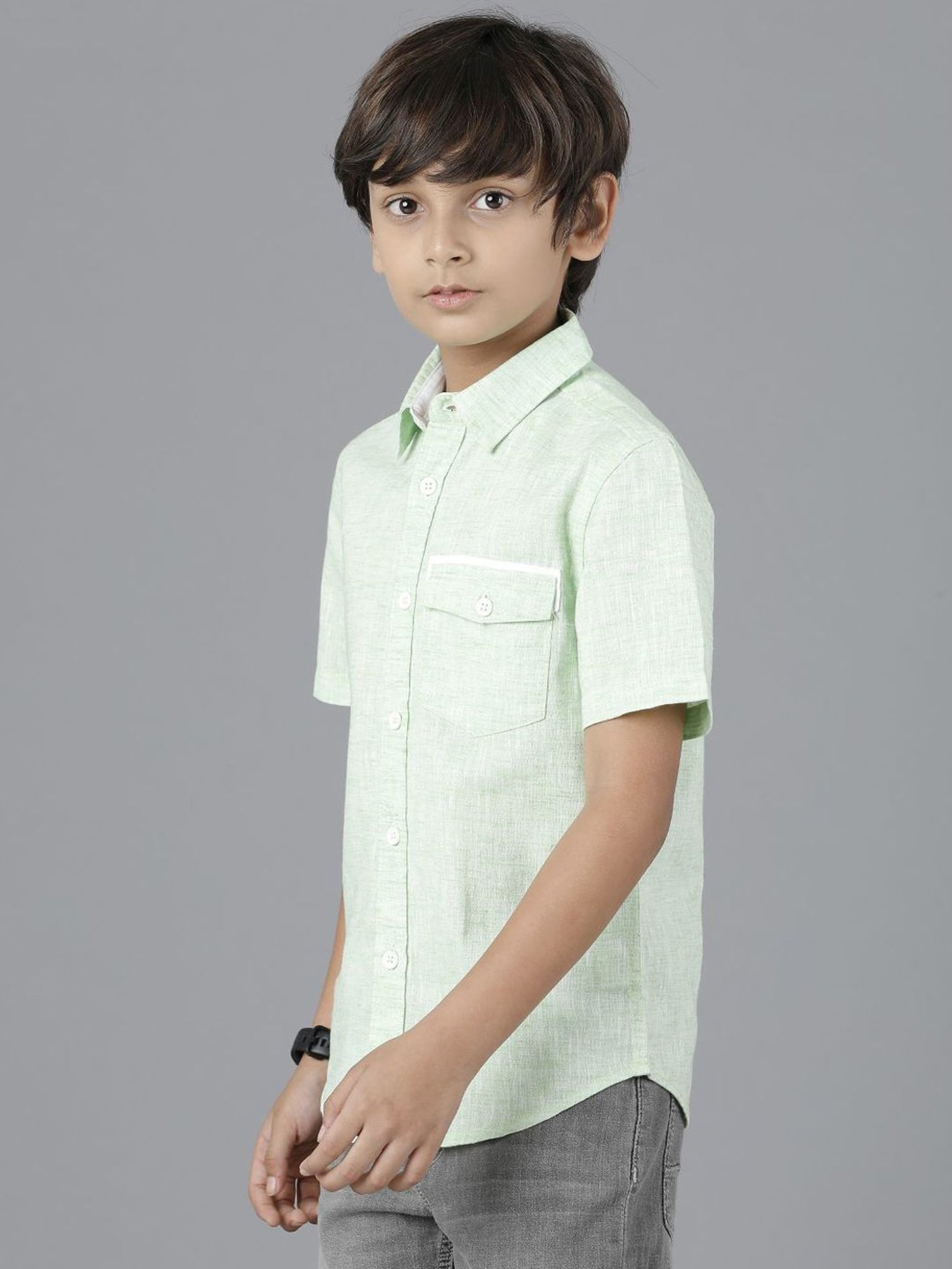 Under Fourteen Only Kids Green Cotton Self Shirt