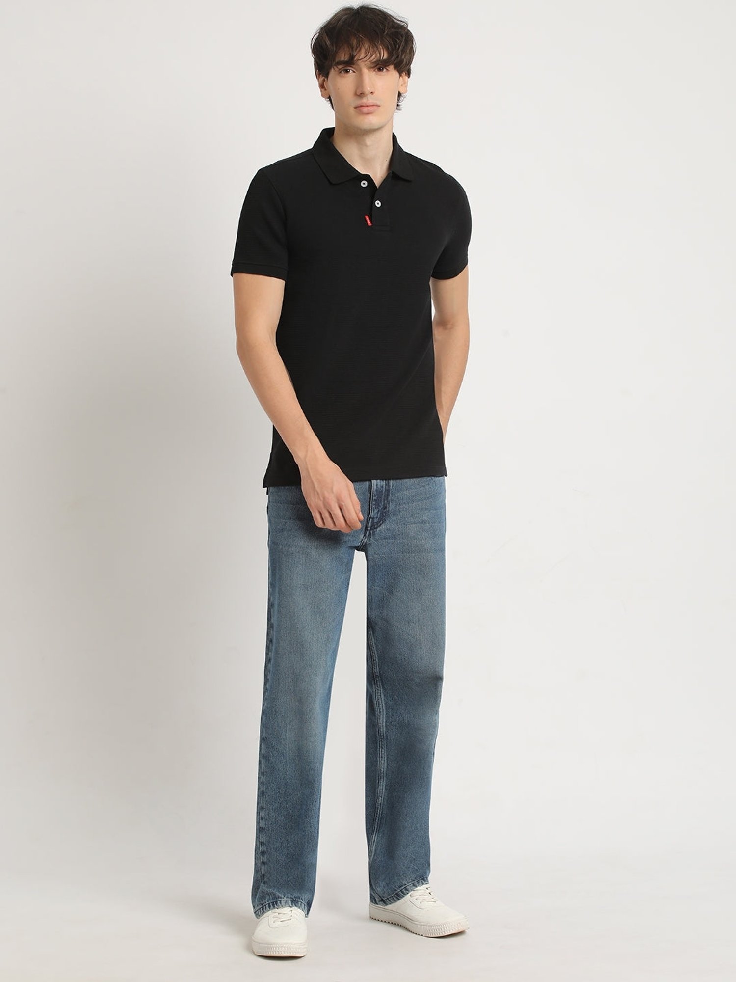 The Bear House Black Cotton Regular Fit Self Pattern Polo T-Shirt