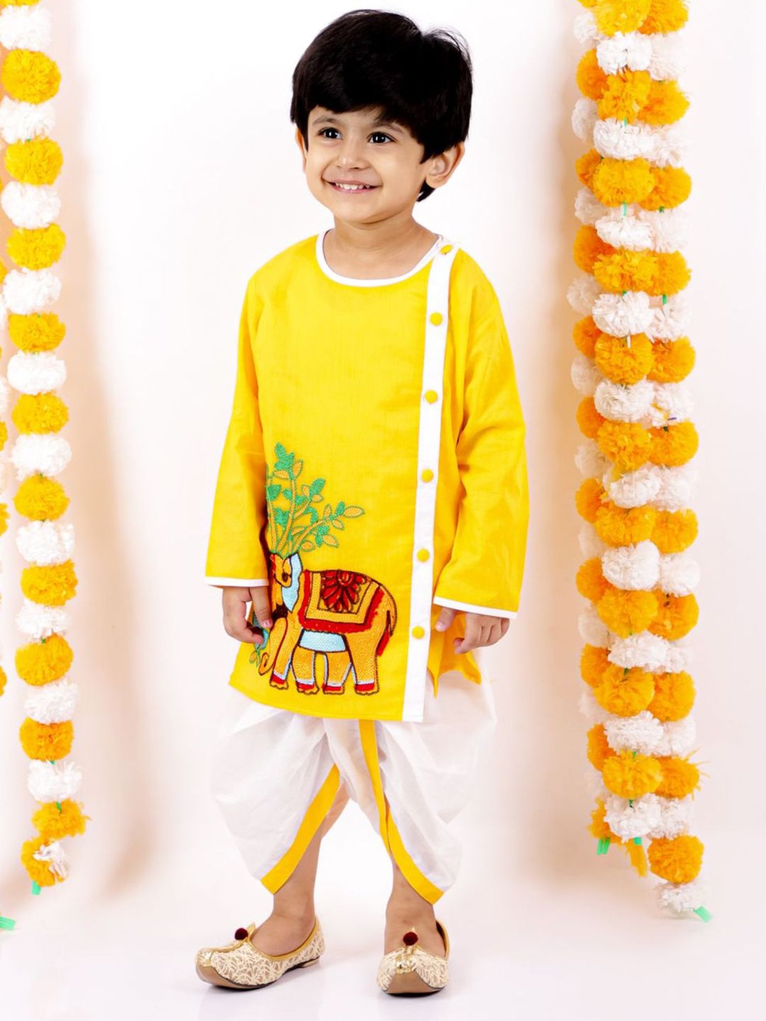 Little Bansi Kids Yellow Cotton Embroidered Kurta Set