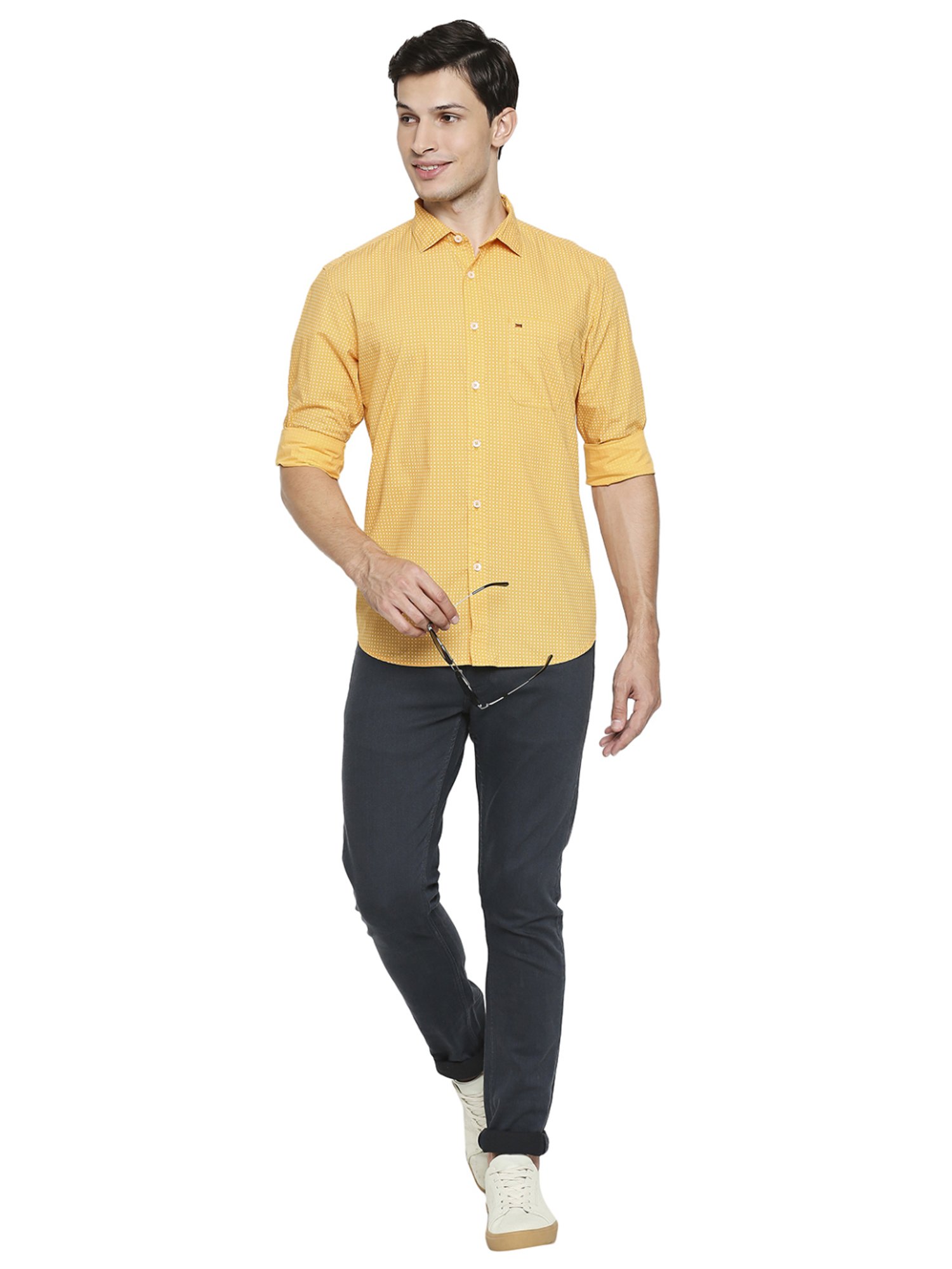 Basics Yellow Cotton Slim Fit Printed Shirt