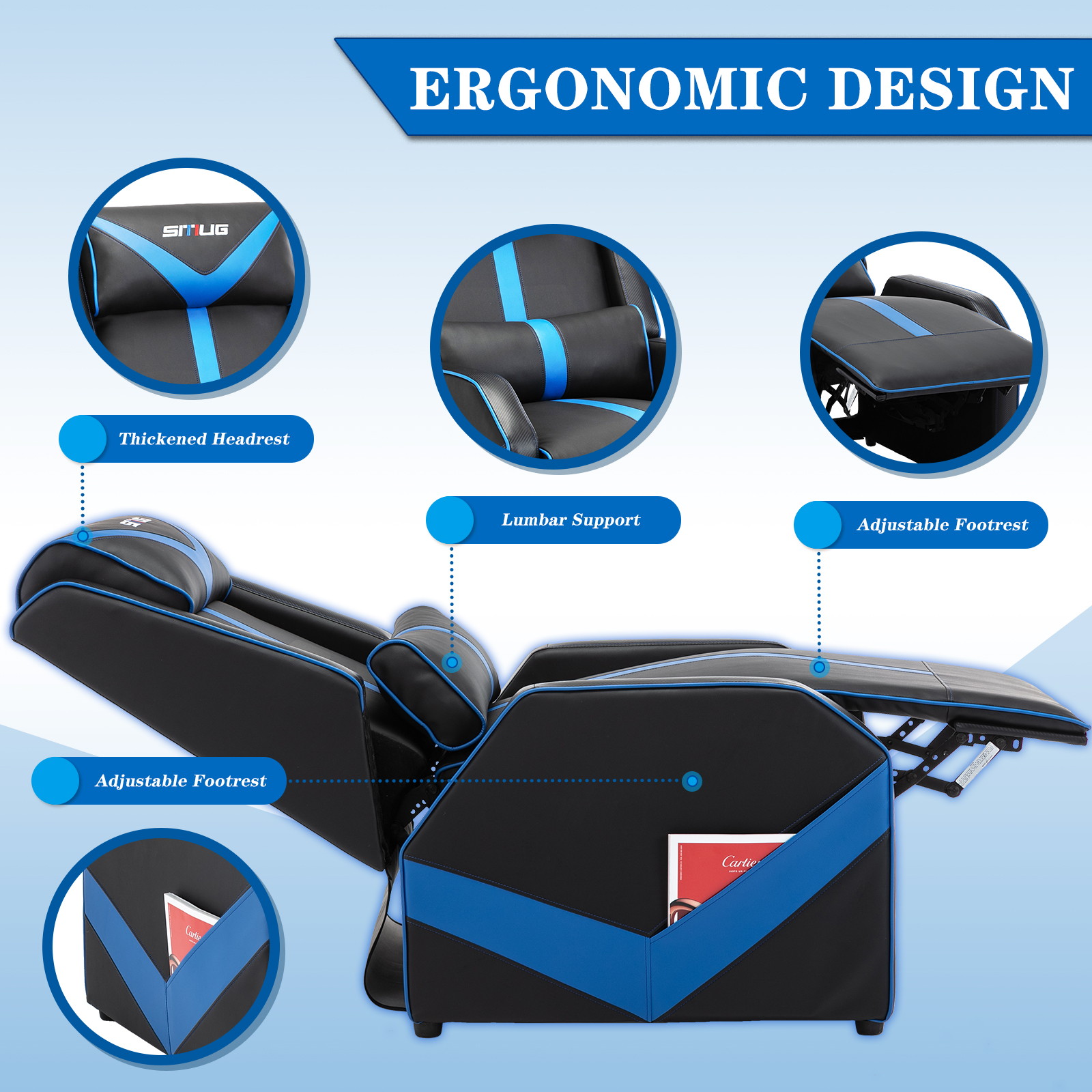 Gaming Recliner Chair Single Living Room Sofa Racing Style Ergonomic Lounge Sofa Modern PU Leather Recliner Home Theater Seat for Living & Gaming Room (Black/Red)