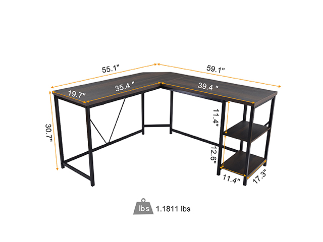 L-Shaped Computer Desk, Corner Desk, 59.1"L x 19.7"W x 30.7"H Writing Study Workstation with Shelves for Home Office, Gaming Table, Space-Saving, Easy to Assemble, Industrial, Brown,GT77