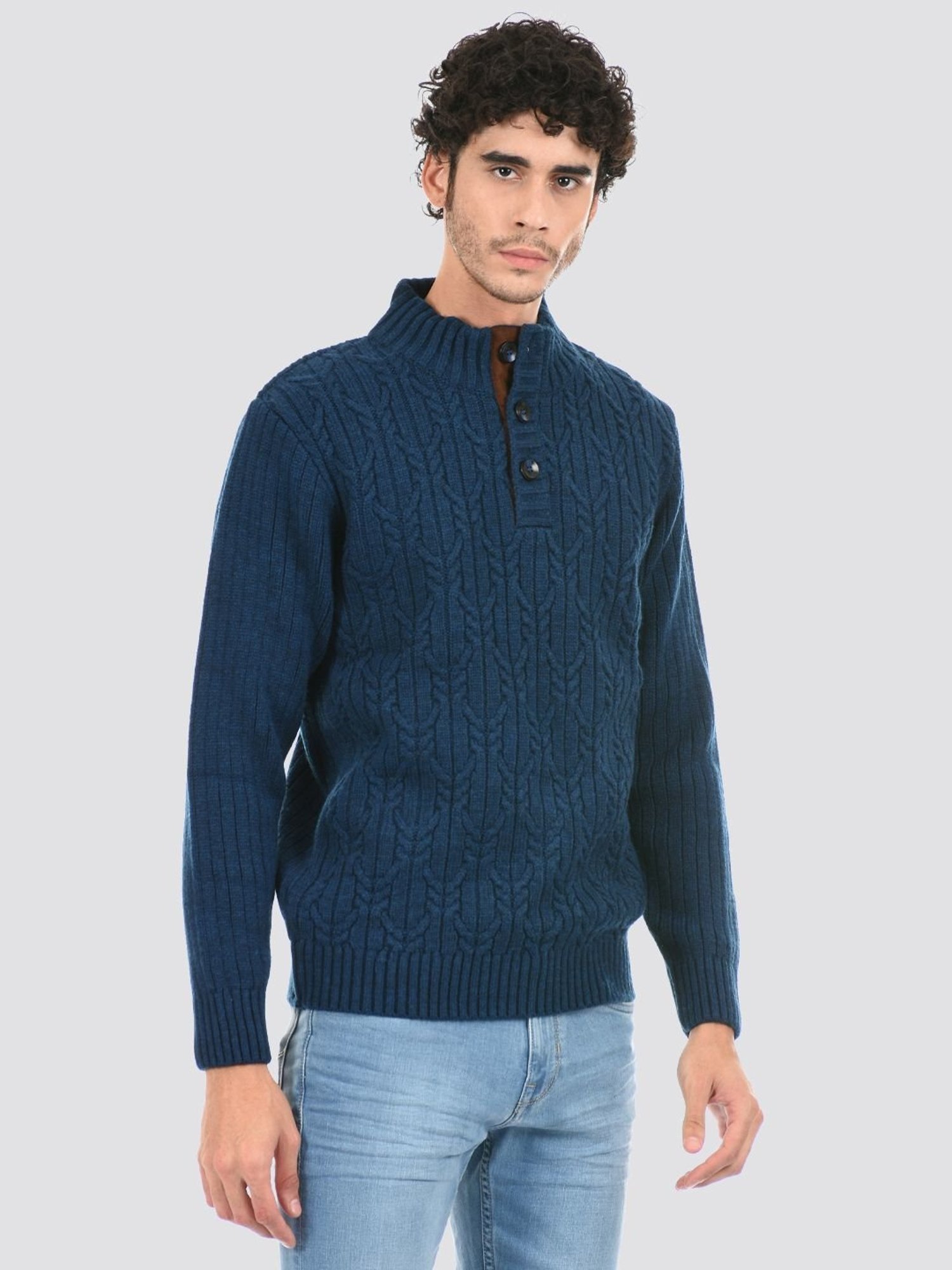 London Fog Blue Regular Fit Texture Sweater