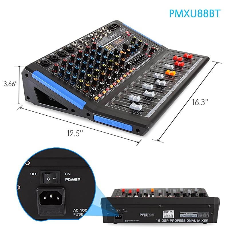 Bluetooth Studio Audio Mixer - DJ Sound Controller Interface w/ USB Drive for PC Recording Input, XLR Microphone Jack, 48V Power, RCA Input/Output for Professional and Beginners - PMXU88BT