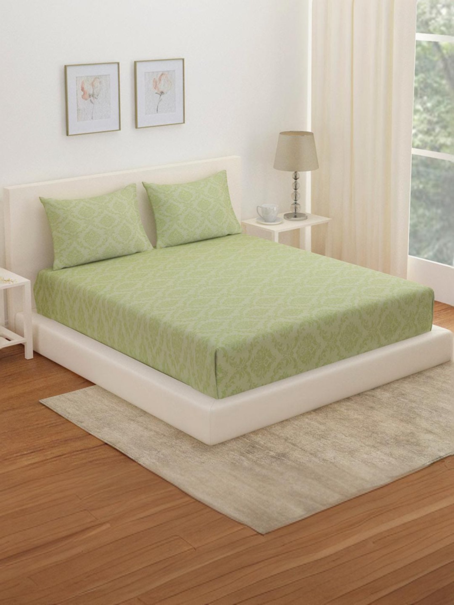 @Home Arias Green 225 TC Cotton Satin King Bedsheet with 2 Pillow Covers