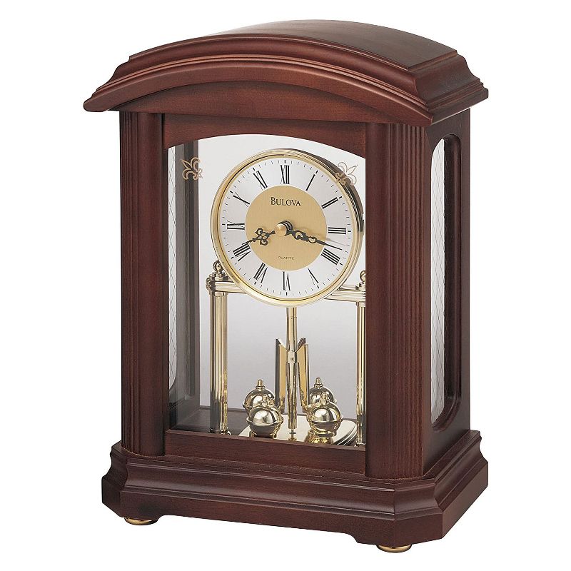 Bulova B1848 Nordale Tabletop Solid Hardwood Clock with Decorative Accents and Revolving Pendulum for Mantel Fireplace Desk Shelf Living Room, Walnut