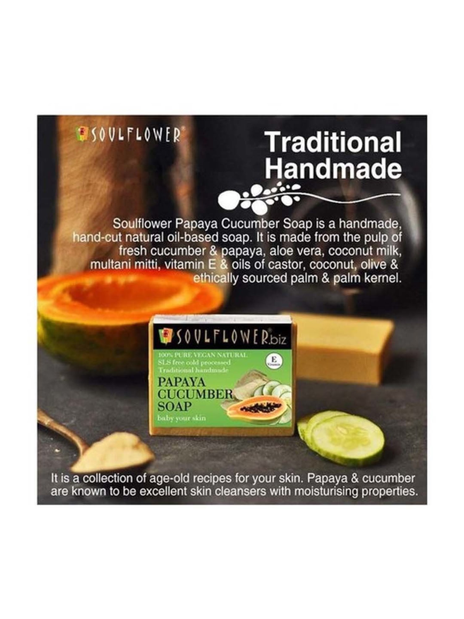 Soulflower Papaya Cucumber Soap - 150 gm