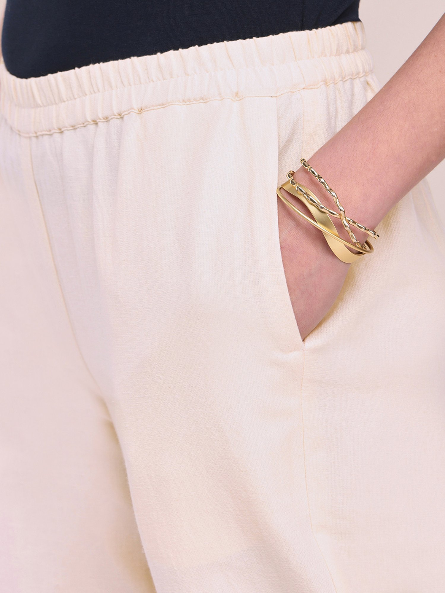 Pink Fort Off-White Cotton Relaxed Fit Pants