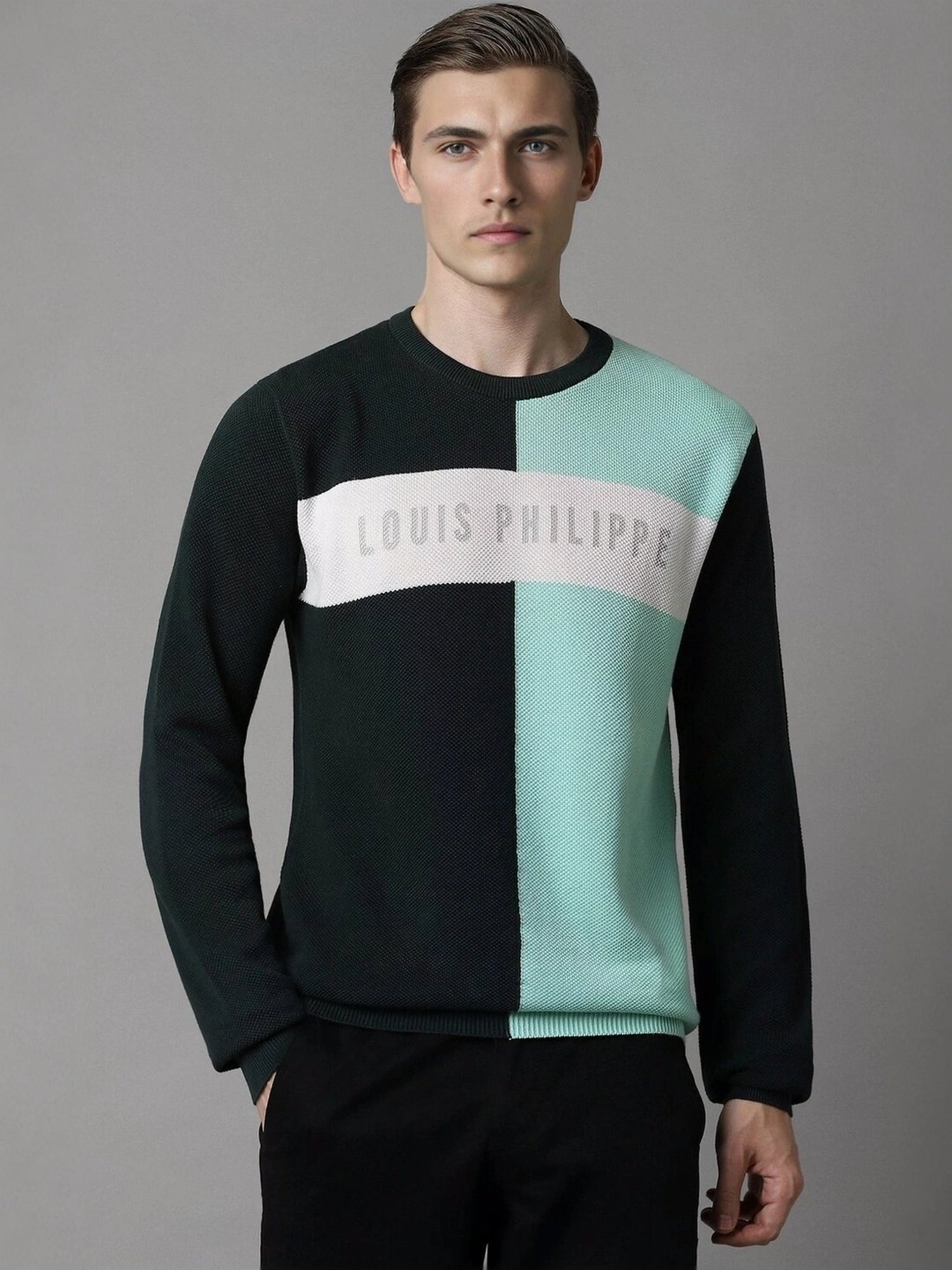 Louis Philippe Green Cotton Regular Fit Printed Sweater