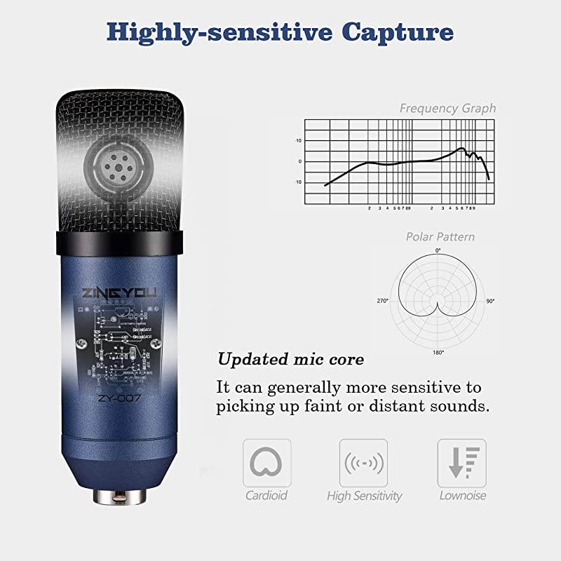 Condenser Microphone  Computer Mic ZY-007 Recording Bundle for Gaming Streaming YouTube Videos Professional Cardioid Microphone Include Adjustable Arm Stand, Shock Mount and Pop Filter(Blue)