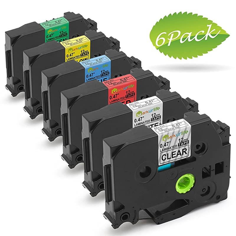 Compatible Color Tz Label Replace for Brother Ptouch Label Maker Tze Tape 12mm 047 Inch Laminated Black on WhiteClearBlue RedYellowGreen for Ptouch D200 PTD210 PTD400 PTD600 6P