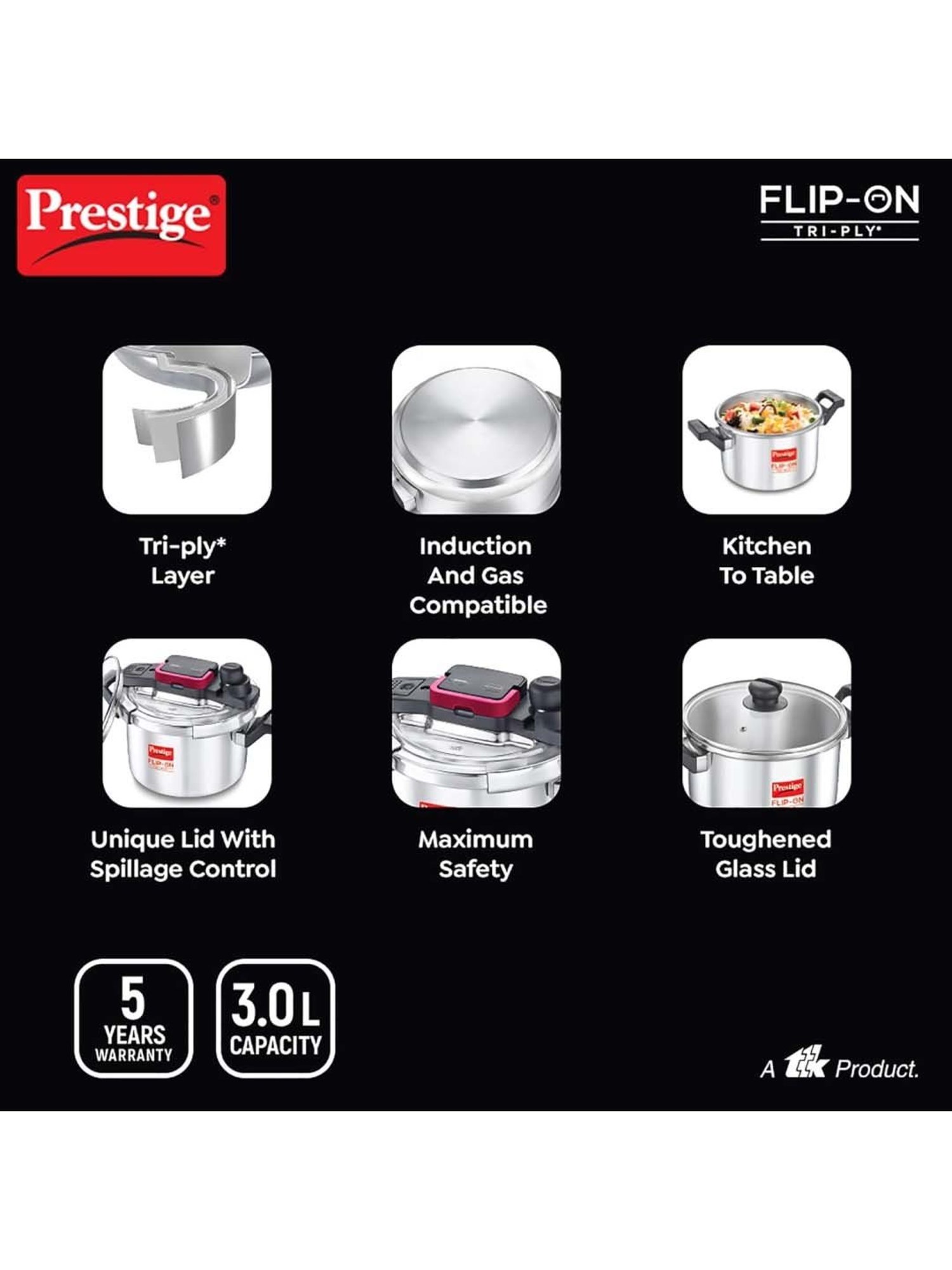 Prestige Silver And Black Stainless Steel 18 cm Flip-On Pressure Cooker With Glass Lid (3 L)