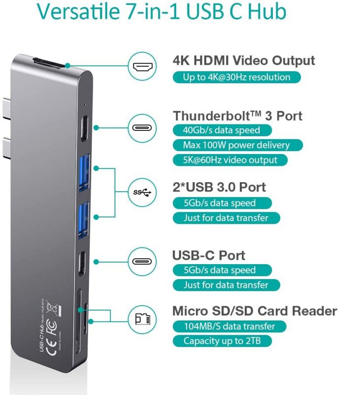 MacBook Pro Adapters,7-in-1 MacBook Air Adapter with 100W USB C Power Delivery, 4K HDMI, 2 USB 3.0, Micro SD/SD Card Reader for MacBook Pro 2020/2019/2018/2017, MacBook Air 2020/2019