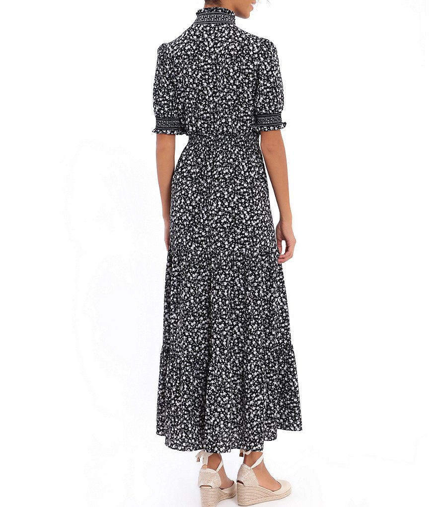 London Times Ruffle Neck Smocked Puff Sleeve Crepe Tiered Maxi Dress