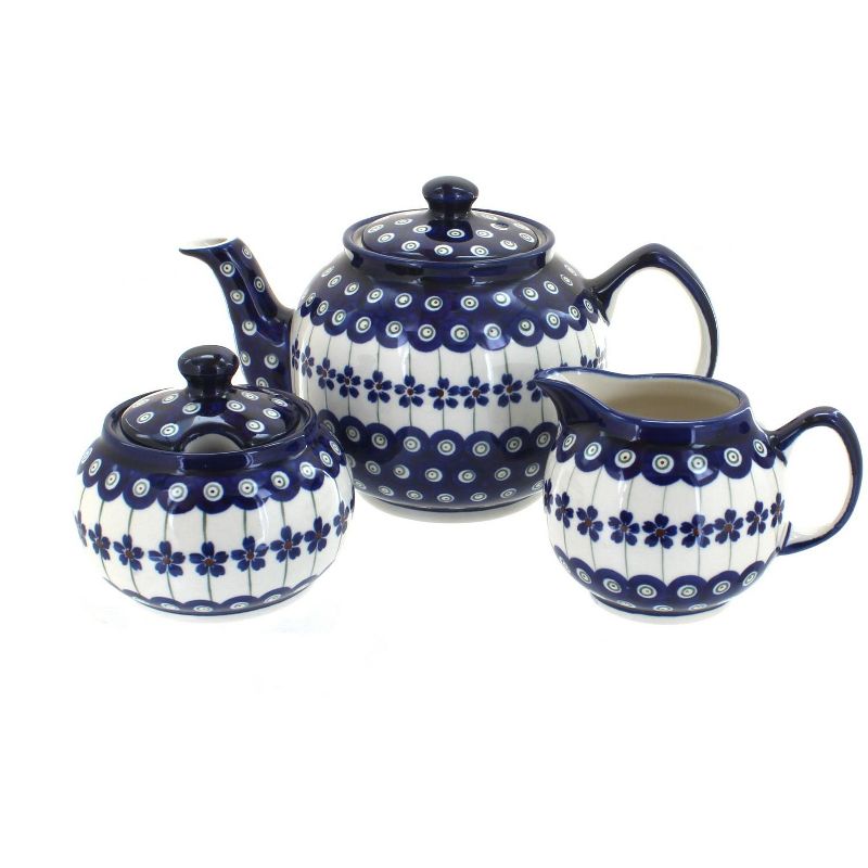 Blue Rose Polish Pottery Flowering Peacock 3 PC tea Set