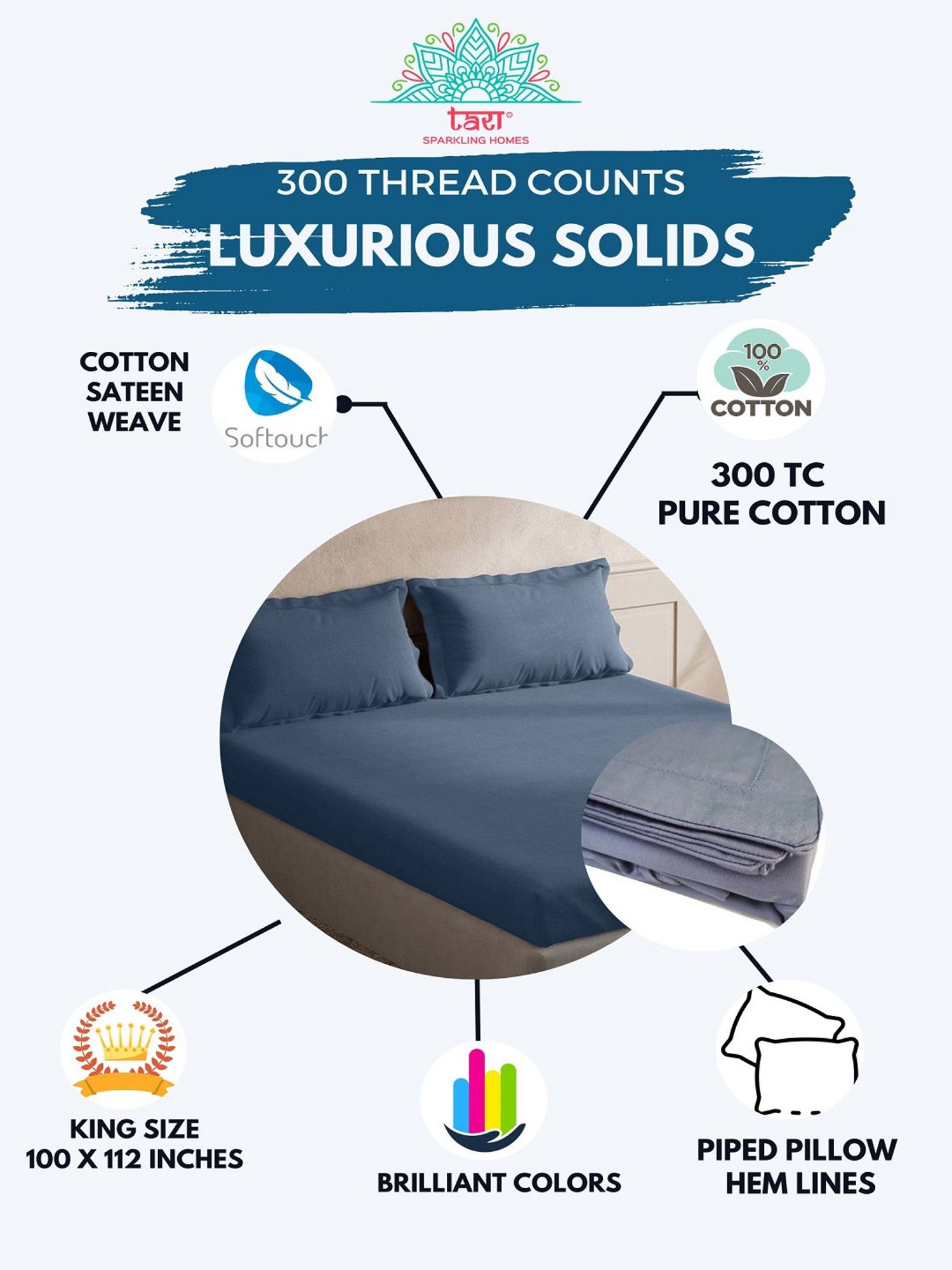 TARA Sparkling Homes Blue 300 TC Cotton King Bedsheet With 2 Pillow Covers