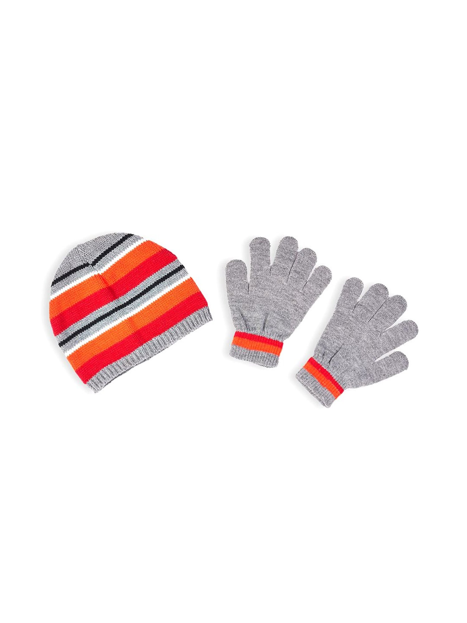 Pantaloons Junior Grey Striped Beanies & Gloves Set