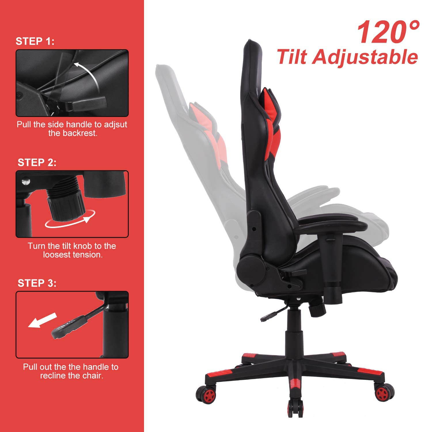 SMUGDESK Gaming Chair Racing E-Sports Chair High Back Game Chair Seat Height Armrest Adjustable Swivel Ergonomic Task Chair with Headrest and Lumbar Support, Red