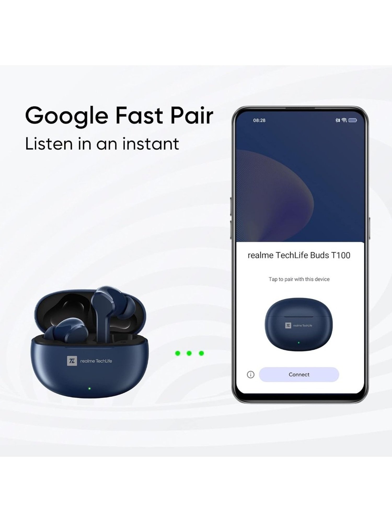 realme TechLife Buds T100 In Ear BT Earbuds with AI ENC for Call, 28H Playback (Blue, True Wireless)