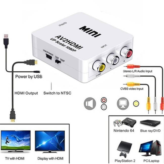 Mini 3RCA CVBS Composite AV to HDMI Converter Adapter  AV2HDMI adapter Support PAL/ NTSC for TV box/ PC/ DVD/VCD-White