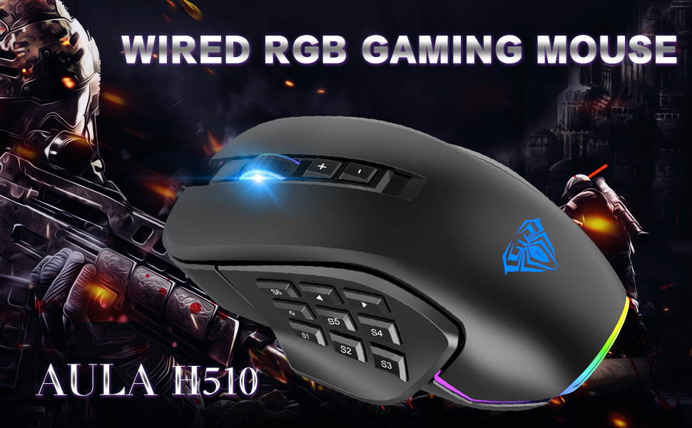 AULA H510 RGB Wired Gaming Mouse 10000 DPI Side Buttons Macro Programmable Ergonomic 14 Keys Backlit Gamer Mice For Laptop Desktop PC