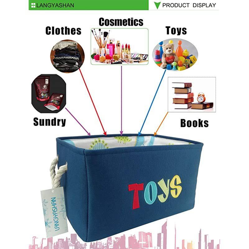 Rectangular Storage Bin Collapse Canvas Fabric Cartoon Storage Basket with Handles for Organizing Home Kitchen Boys and Girls Toys Office Closet Shelf Baskets (Navy toys)