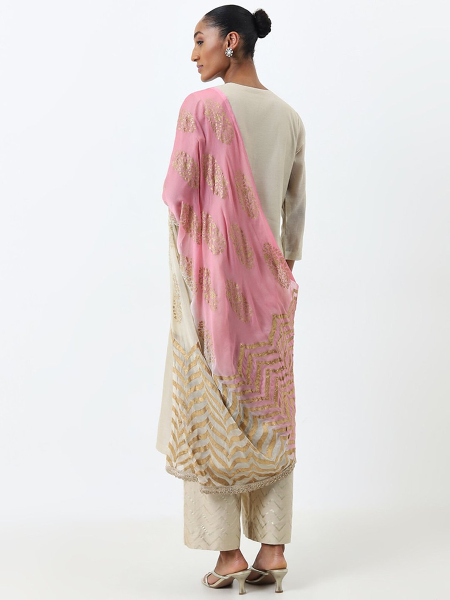 Vark by Westside Beige Embroidered Kurta, Palazzos and Dupatta Set