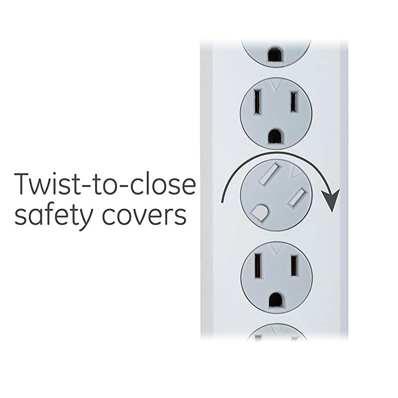 6 Outlet Sur Protector 10 Ft Extension Cord Power Strip 800 Joules Flat Plug TwisttoClose Safety Covers White 14092