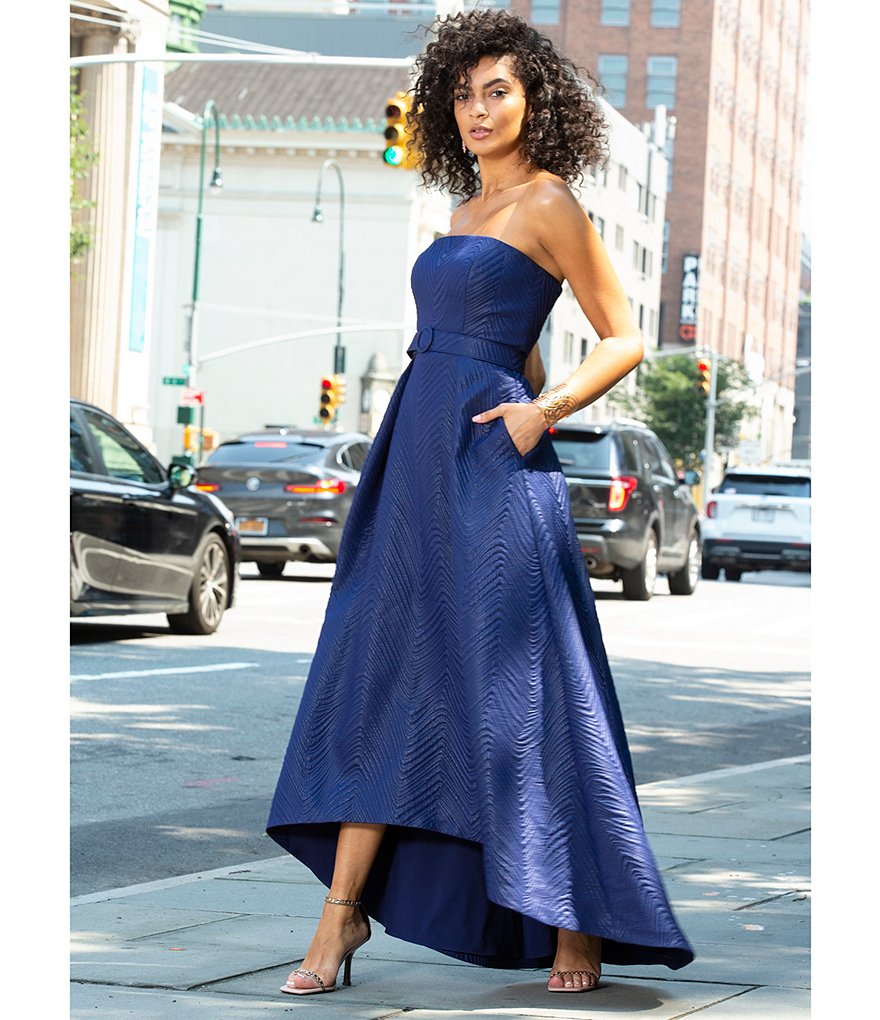 Kay Unger Strapless Belted Jacquard High-Low Gown
