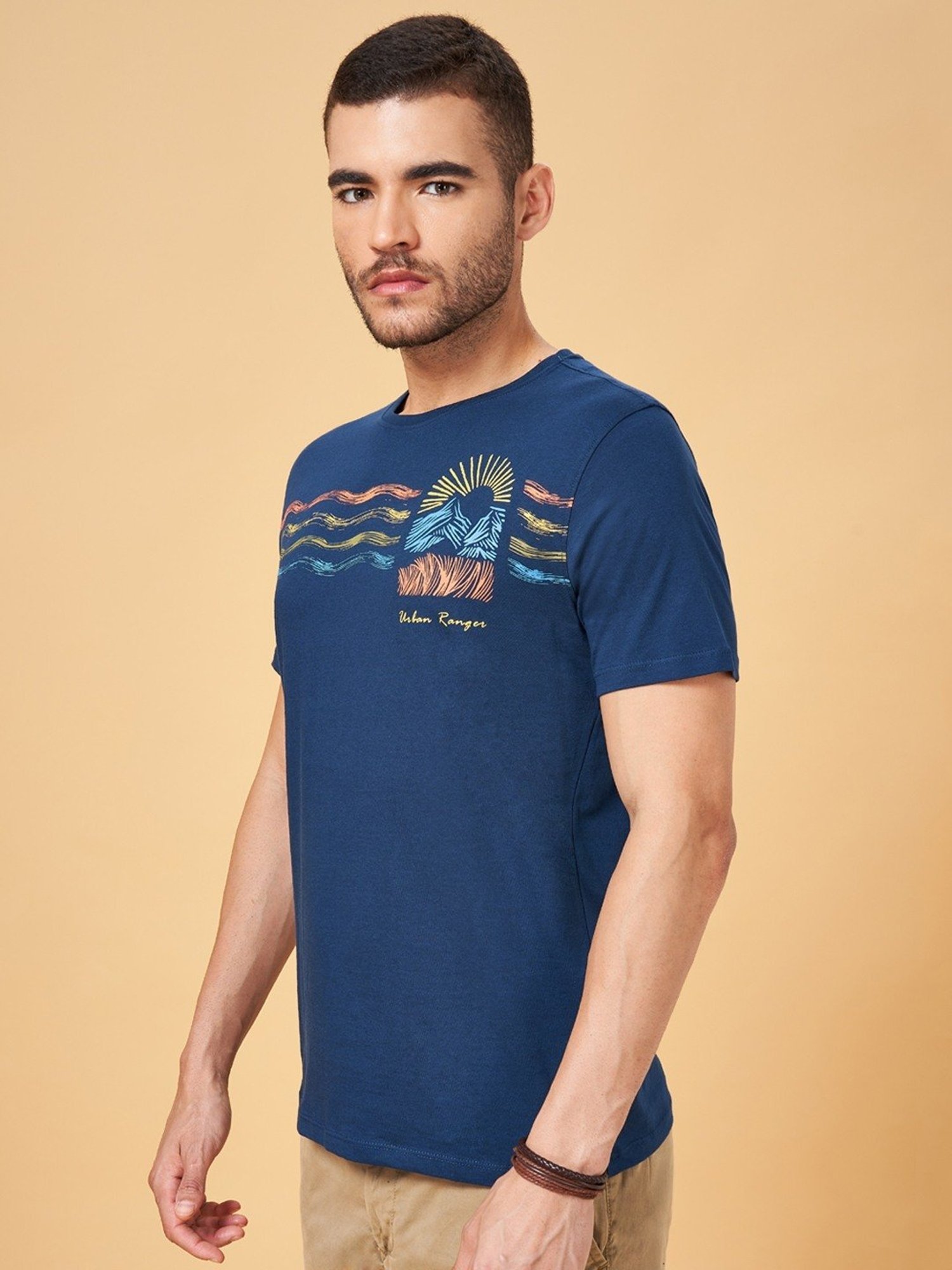 Urban Ranger by Pantaloons Light Navy Cotton Slim Fit Printed T-Shirt