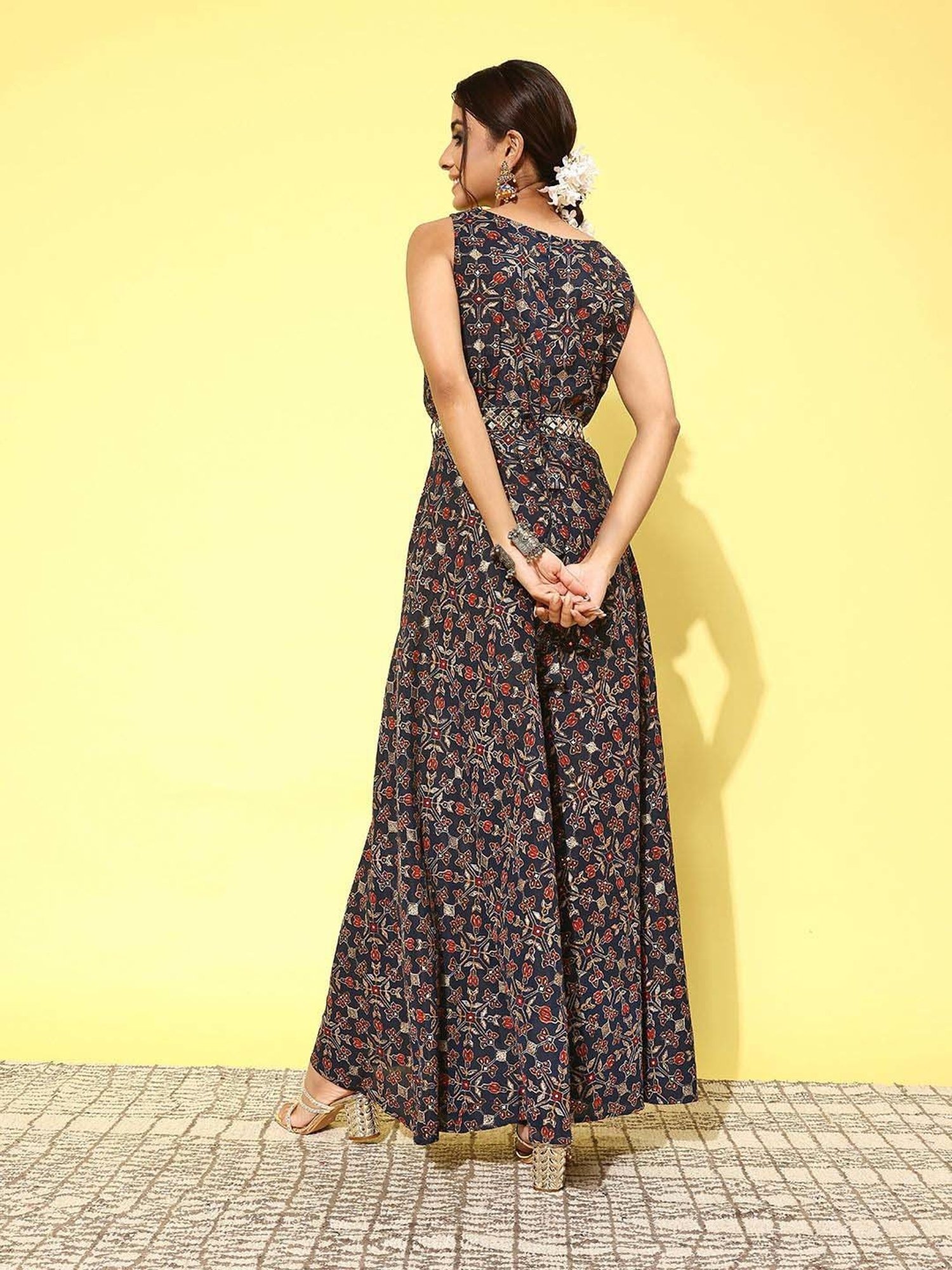 Libas Blue Printed A-Line dress Jumpsuit